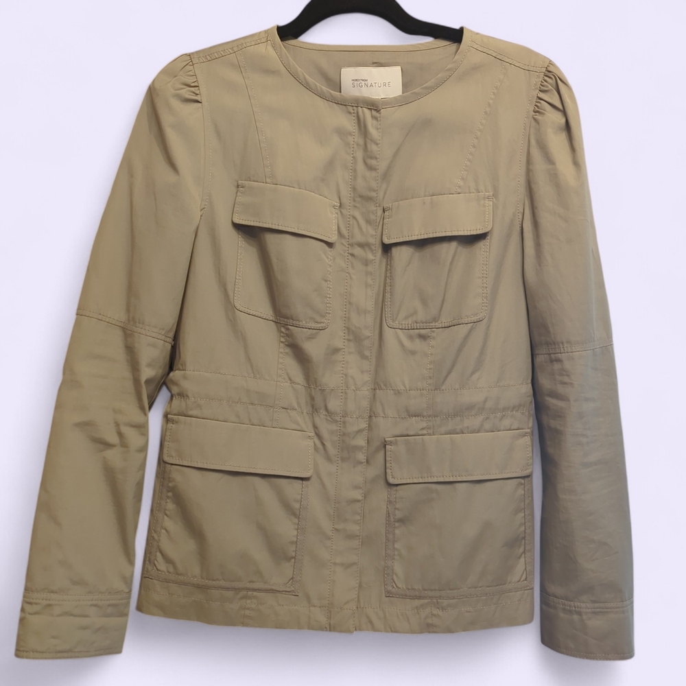 Nordstrom Signature Cotton Khaki‎ Utility Collarless Cargo Pockets Jacket Size S